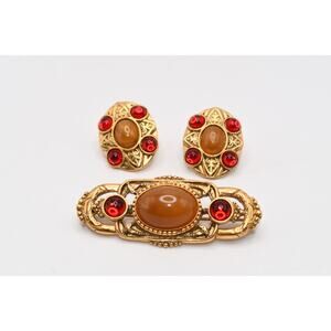 Vintage 1928 Co Brooch Earrings Set Red Beige Cabochon Gold